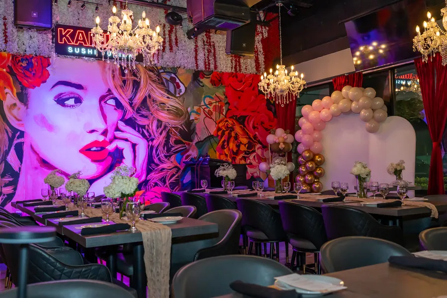 Balloon arch and set tables for a private party at KamiKoi Sushi Fusion Miami