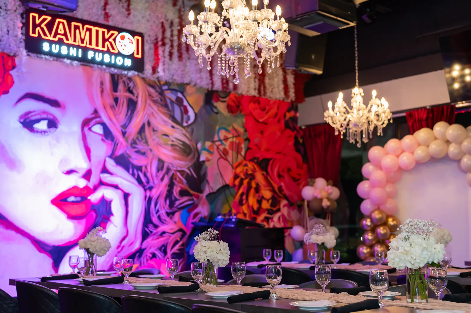 KamiKoi Sushi Fusion dining room in Miami decorated with balloons and chandeliers for a private event